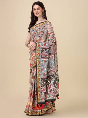 Kalamkari Digital Print Zari Cotton Lilen  Saree With Multicolored Cotton Tussle At Pallu 2