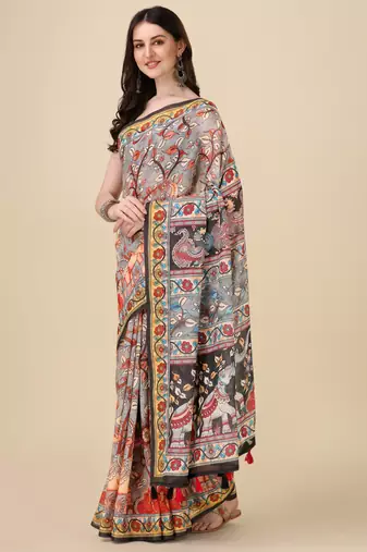 Kalamkari Digital Print Zari Cotton Lilen  Saree With Multicolored Cotton Tussle At Pallu