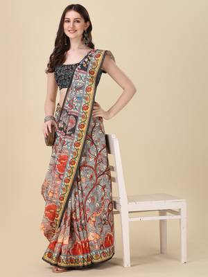 Kalamkari Digital Print Zari Cotton Lilen  Saree With Multicolored Cotton Tussle At Pallu 3