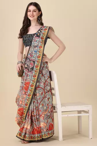 Kalamkari Digital Print Zari Cotton Lilen  Saree With Multicolored Cotton Tussle At Pallu
