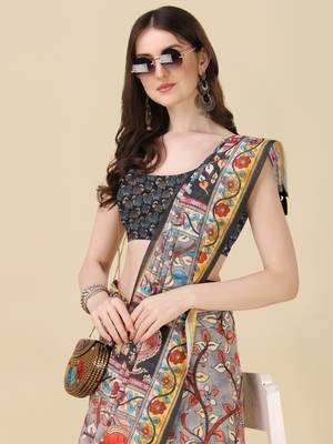 Kalamkari Digital Print Zari Cotton Lilen  Saree With Multicolored Cotton Tussle At Pallu 4