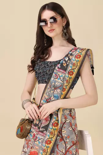 Kalamkari Digital Print Zari Cotton Lilen  Saree With Multicolored Cotton Tussle At Pallu