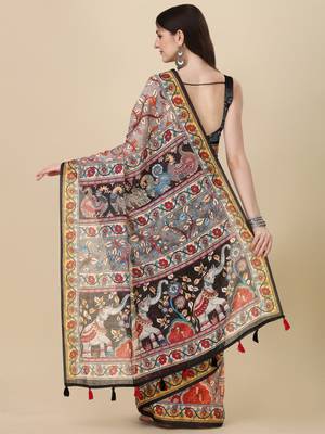 Kalamkari Digital Print Zari Cotton Lilen  Saree With Multicolored Cotton Tussle At Pallu 5