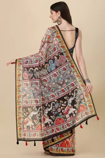 Kalamkari Digital Print Zari Cotton Lilen  Saree With Multicolored Cotton Tussle At Pallu
