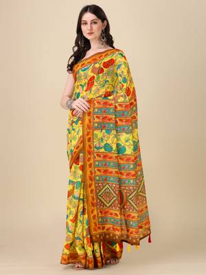 Kalamkari Digital Print Zari Cotton Lilen  Saree With Multicolored Cotton Tussle At Pallu 1
