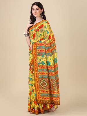 Kalamkari Digital Print Zari Cotton Lilen  Saree With Multicolored Cotton Tussle At Pallu 2