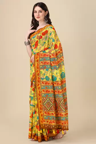 Kalamkari Digital Print Zari Cotton Lilen  Saree With Multicolored Cotton Tussle At Pallu