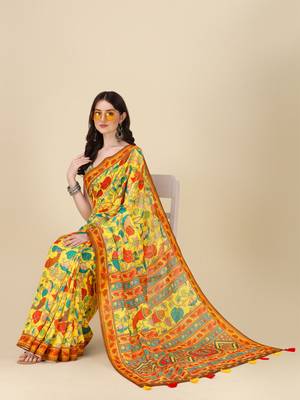 Kalamkari Digital Print Zari Cotton Lilen  Saree With Multicolored Cotton Tussle At Pallu 3