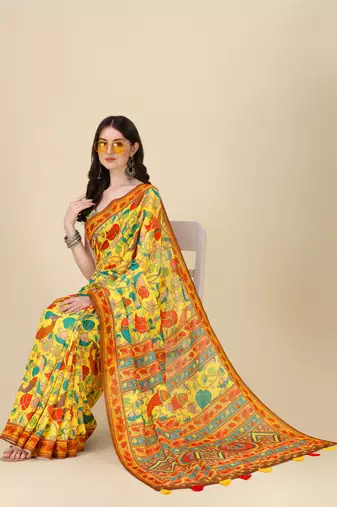 Kalamkari Digital Print Zari Cotton Lilen  Saree With Multicolored Cotton Tussle At Pallu