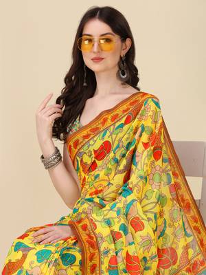 Kalamkari Digital Print Zari Cotton Lilen  Saree With Multicolored Cotton Tussle At Pallu 4