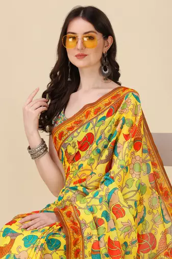Kalamkari Digital Print Zari Cotton Lilen  Saree With Multicolored Cotton Tussle At Pallu