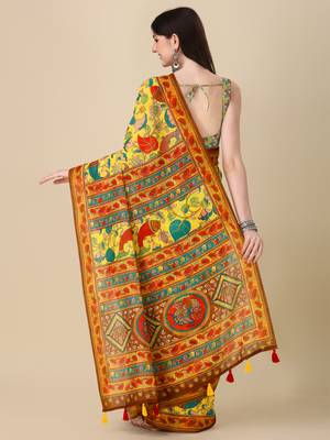 Kalamkari Digital Print Zari Cotton Lilen  Saree With Multicolored Cotton Tussle At Pallu 5