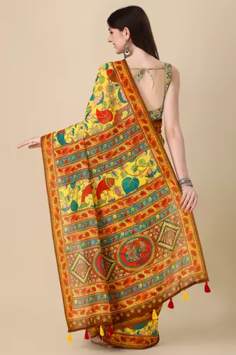 Kalamkari Digital Print Zari Cotton Lilen  Saree With Multicolored Cotton Tussle At Pallu