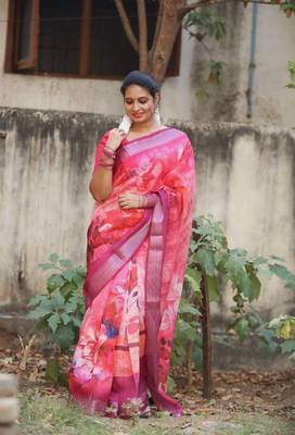 Floral  Digital Print Zari Cotton Lilen  Saree With Multicolored Cotton Tussle At Pallu 1