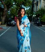 Floral  Digital Print Zari Cotton Lilen  Saree With Multicolored Cotton Tussle At Pallu