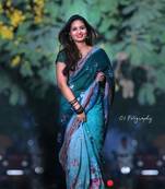 Floral  Digital Print Zari Cotton Lilen  Saree With Multicolored Cotton Tussle At Pallu