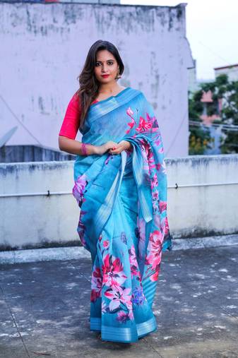 Floral  Digital Print Zari Cotton Lilen  Saree With Multicolored Cotton Tussle At Pallu