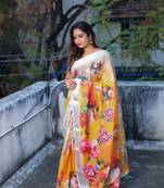 Floral  Digital Print Zari Cotton Lilen  Saree With Multicolored Cotton Tussle At Pallu