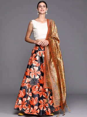 Cream Digital Floral Print Satin Silk Fabric Semistitched Lehenga Choli With Jequared Unstitched Blouse with Dupatta 1