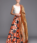 Cream Digital Floral Print Satin Silk Fabric Semistitched Lehenga Choli With Jequared Unstitched Blouse with Dupatta