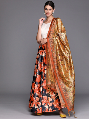 Cream Digital Floral Print Satin Silk Fabric Semistitched Lehenga Choli With Jequared Unstitched Blouse with Dupatta 2