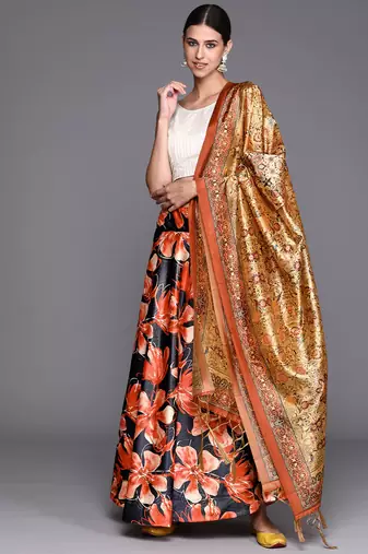 Cream Digital Floral Print Satin Silk Fabric Semistitched Lehenga Choli With Jequared Unstitched Blouse with Dupatta