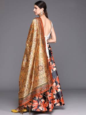 Cream Digital Floral Print Satin Silk Fabric Semistitched Lehenga Choli With Jequared Unstitched Blouse with Dupatta 3