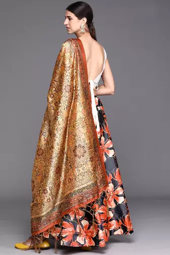 Cream Digital Floral Print Satin Silk Fabric Semistitched Lehenga Choli With Jequared Unstitched Blouse with Dupatta