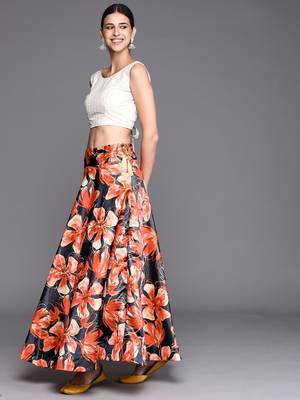 Cream Digital Floral Print Satin Silk Fabric Semistitched Lehenga Choli With Jequared Unstitched Blouse with Dupatta 4