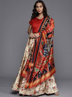 Red Digital Floral Print Satin Silk Fabric Semistitched Lehenga Choli With Jequared Unstitched Blouse with Dupatta 1