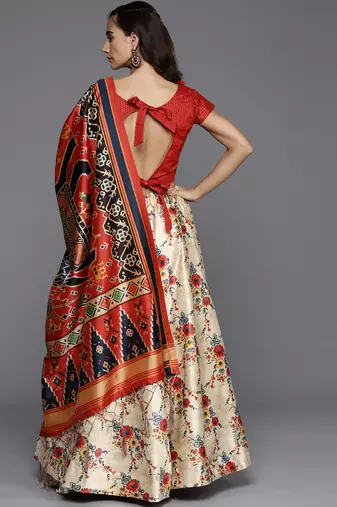 Red Digital Floral Print Satin Silk Fabric Semistitched Lehenga Choli With Jequared Unstitched Blouse with Dupatta