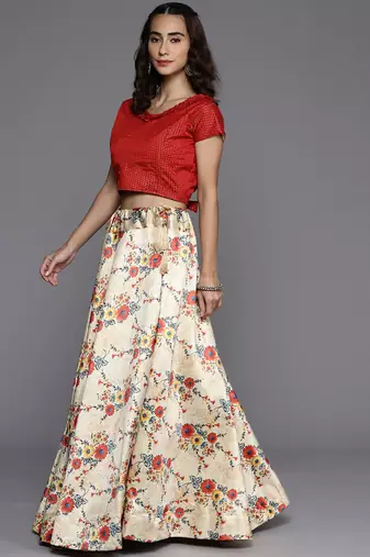 Red Digital Floral Print Satin Silk Fabric Semistitched Lehenga Choli With Jequared Unstitched Blouse with Dupatta