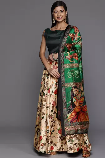 off white digital floral print satin silk lehenga choli with dupatta