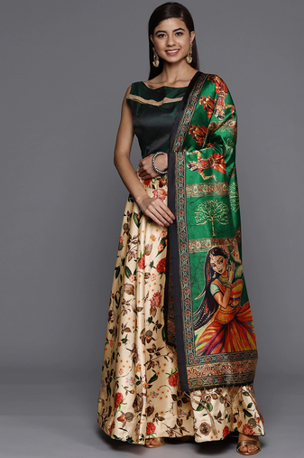 Green Digital Floral Print Satin Silk Fabric Semistitched Lehenga Choli With Jequared Unstitched Blouse with Dupatta