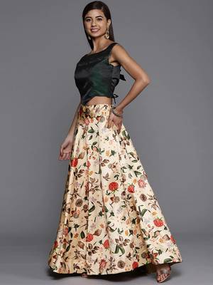 off white digital floral print satin silk lehenga choli with dupatta 3