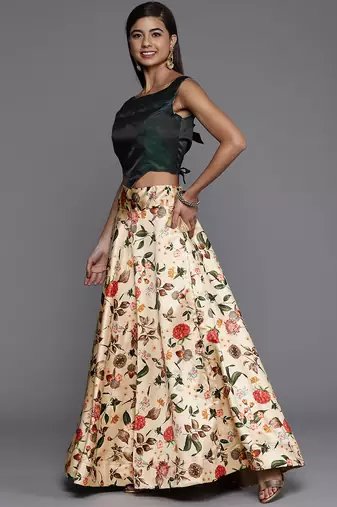 off white digital floral print satin silk lehenga choli with dupatta