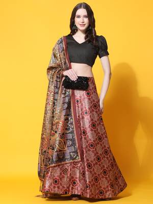 Black Digital Floral Print Satin Silk Fabric Semistitched Lehenga Choli With Jequared Unstitched Blouse with Dupatta 1