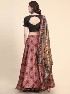 Black Digital Floral Print Satin Silk Fabric Semistitched Lehenga Choli With Jequared Unstitched Blouse with Dupatta 2