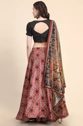 Black Digital Floral Print Satin Silk Fabric Semistitched Lehenga Choli With Jequared Unstitched Blouse with Dupatta