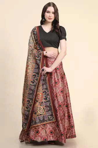 Black Digital Floral Print Satin Silk Fabric Semistitched Lehenga Choli With Jequared Unstitched Blouse with Dupatta
