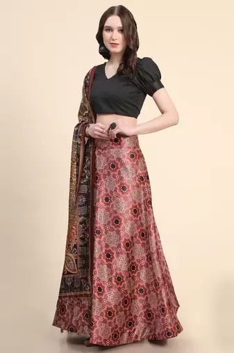 Black Digital Floral Print Satin Silk Fabric Semistitched Lehenga Choli With Jequared Unstitched Blouse with Dupatta