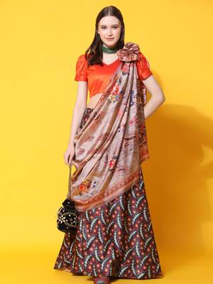Orange Digital Floral Print Satin Silk Fabric Semistitched Lehenga Choli With Jequared Unstitched Blouse with Dupatta 1
