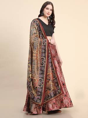 Black Digital Floral Print Satin Silk Fabric Semistitched Lehenga Choli With Jequared Unstitched Blouse with Dupatta 5