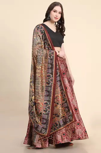 Black Digital Floral Print Satin Silk Fabric Semistitched Lehenga Choli With Jequared Unstitched Blouse with Dupatta