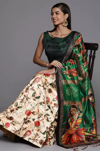 off white digital floral print satin silk lehenga choli with dupatta