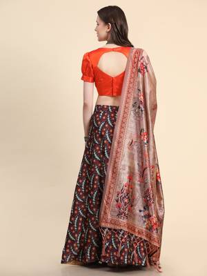 Orange Digital Floral Print Satin Silk Fabric Semistitched Lehenga Choli With Jequared Unstitched Blouse with Dupatta 2