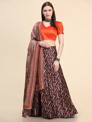 Orange Digital Floral Print Satin Silk Fabric Semistitched Lehenga Choli With Jequared Unstitched Blouse with Dupatta 3