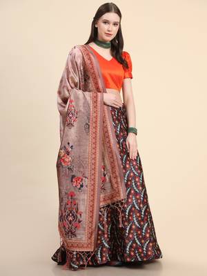 Orange Digital Floral Print Satin Silk Fabric Semistitched Lehenga Choli With Jequared Unstitched Blouse with Dupatta 4