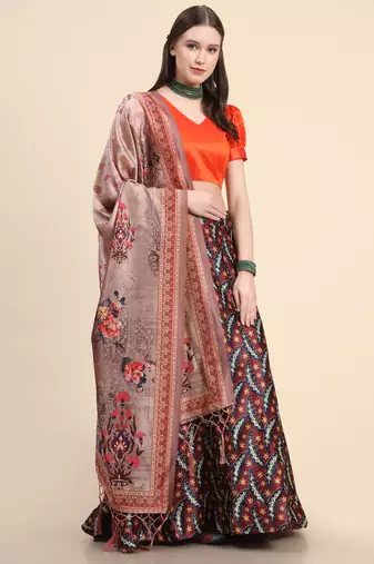 Orange Digital Floral Print Satin Silk Fabric Semistitched Lehenga Choli With Jequared Unstitched Blouse with Dupatta