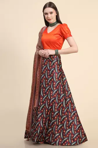 Orange Digital Floral Print Satin Silk Fabric Semistitched Lehenga Choli With Jequared Unstitched Blouse with Dupatta